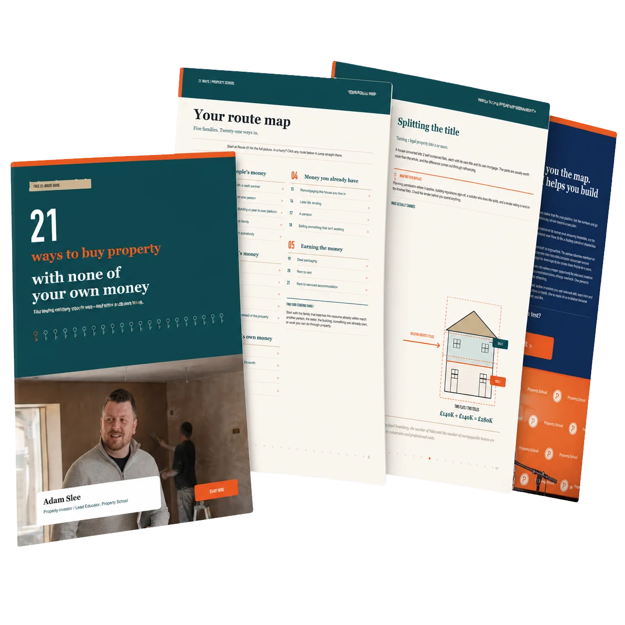The guide cover, route map, diagrams and call to action pages fanned out